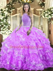 Organza High-neck Sleeveless Lace Up Beading and Ruffled Layers Ball Gown Prom Dress in Lavender