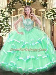 Apple Green Ball Gowns Scoop Sleeveless Tulle Floor Length Lace Up Beading and Ruffles Sweet 16 Dresses