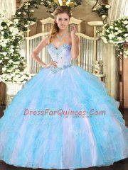 Smart Aqua Blue Sleeveless Tulle Lace Up Quince Ball Gowns for Military Ball and Sweet 16 and Quinceanera