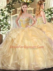 Sweetheart Long Sleeves Sweet 16 Quinceanera Dress Floor Length Beading and Ruffles Champagne Organza