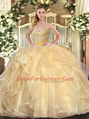 Sweetheart Long Sleeves Sweet 16 Quinceanera Dress Floor Length Beading and Ruffles Champagne Organza
