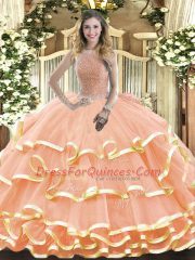 Sleeveless Floor Length Beading and Ruffled Layers Lace Up Sweet 16 Quinceanera Dress with Peach