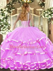 Sleeveless Floor Length Beading and Ruffled Layers Lace Up Sweet 16 Quinceanera Dress with Peach