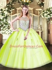 Colorful Yellow Green Ball Gowns Scoop Sleeveless Tulle Floor Length Zipper Beading and Appliques Vestidos de Quinceanera