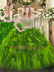 Pretty Floor Length Two Pieces Sleeveless Olive Green Quinceanera Dress Lace Up