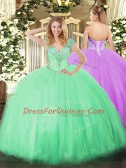 High Quality Apple Green Ball Gowns V-neck Sleeveless Tulle Floor Length Lace Up Beading Ball Gown Prom Dress
