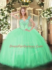High Quality Apple Green Ball Gowns V-neck Sleeveless Tulle Floor Length Lace Up Beading Ball Gown Prom Dress