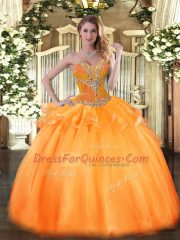 Customized Sleeveless Floor Length Beading Lace Up Quinceanera Gown with Orange