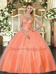 Captivating Orange Red Ball Gowns Tulle Scoop Sleeveless Beading Floor Length Lace Up Sweet 16 Dresses