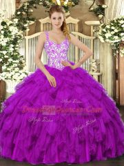 Clearance Straps Sleeveless Lace Up Quinceanera Dresses Fuchsia Organza