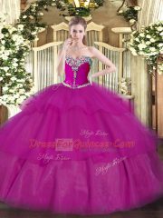 Sleeveless Lace Up Floor Length Beading and Ruffled Layers Quince Ball Gowns