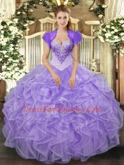 Delicate Floor Length Lavender Quince Ball Gowns Organza Sleeveless Beading and Ruffles