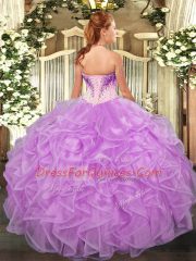 Delicate Floor Length Lavender Quince Ball Gowns Organza Sleeveless Beading and Ruffles