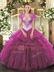 Latest Fuchsia Tulle Lace Up Sweetheart Sleeveless Floor Length Quince Ball Gowns Beading