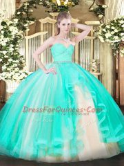 Glittering Floor Length Apple Green 15 Quinceanera Dress Tulle Sleeveless Beading and Lace and Ruffles