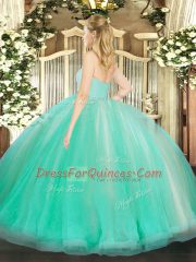 Glittering Floor Length Apple Green 15 Quinceanera Dress Tulle Sleeveless Beading and Lace and Ruffles