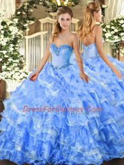 Baby Blue Ball Gowns Beading and Ruffled Layers Ball Gown Prom Dress Lace Up Organza Sleeveless Floor Length