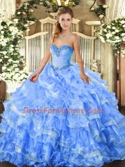 Baby Blue Ball Gowns Beading and Ruffled Layers Ball Gown Prom Dress Lace Up Organza Sleeveless Floor Length