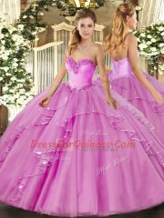 Eye-catching Lilac Ball Gowns Tulle Sweetheart Sleeveless Beading and Ruffles Floor Length Lace Up Quinceanera Dress