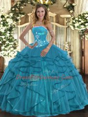 Modest Strapless Sleeveless Lace Up 15 Quinceanera Dress Teal Tulle