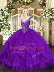 Inexpensive Purple Ball Gowns V-neck Sleeveless Tulle Floor Length Lace Up Beading and Ruffles Ball Gown Prom Dress
