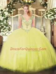 Yellow Green Ball Gowns Tulle V-neck Sleeveless Beading Floor Length Lace Up Ball Gown Prom Dress