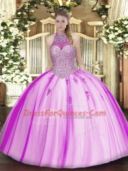 Admirable Floor Length Fuchsia Sweet 16 Dress Tulle Sleeveless Beading and Appliques