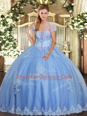 Unique Light Blue Lace Up Ball Gown Prom Dress Beading and Appliques Sleeveless Floor Length