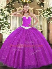 Sweetheart Sleeveless Sweet 16 Dress Floor Length Appliques Fuchsia Tulle