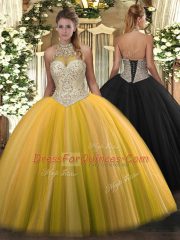 Stunning Beading Quinceanera Dresses Gold Lace Up Sleeveless Floor Length
