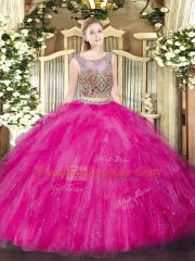 Two Pieces Quinceanera Dress Hot Pink Scoop Tulle Sleeveless Floor Length Lace Up