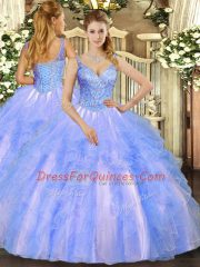 Popular Floor Length Lace Up 15 Quinceanera Dress Blue for Military Ball and Sweet 16 and Quinceanera with Beading and Ruffles