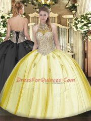 Fine Yellow Ball Gowns Beading and Appliques 15 Quinceanera Dress Lace Up Tulle Sleeveless Floor Length