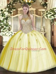 Fine Yellow Ball Gowns Beading and Appliques 15 Quinceanera Dress Lace Up Tulle Sleeveless Floor Length