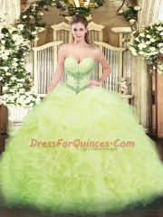 Yellow Green 15 Quinceanera Dress Military Ball and Sweet 16 and Quinceanera with Beading and Ruffles and Pick Ups Sweetheart Sleeveless Lace Up