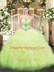 Yellow Green 15 Quinceanera Dress Military Ball and Sweet 16 and Quinceanera with Beading and Ruffles and Pick Ups Sweetheart Sleeveless Lace Up