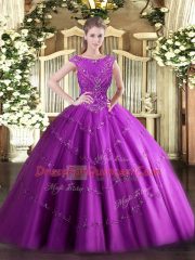 Glittering Fuchsia Ball Gowns Beading and Appliques Ball Gown Prom Dress Zipper Tulle Sleeveless Floor Length