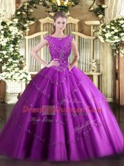 Glittering Fuchsia Ball Gowns Beading and Appliques Ball Gown Prom Dress Zipper Tulle Sleeveless Floor Length