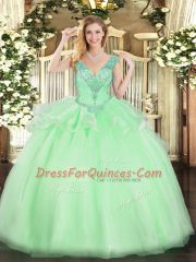 Low Price Apple Green Tulle Lace Up Sweet 16 Quinceanera Dress Sleeveless Floor Length Beading