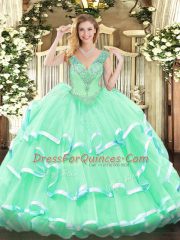 High End V-neck Sleeveless Lace Up Quinceanera Gowns Apple Green Organza