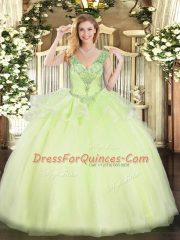 Ball Gowns Quinceanera Dresses Yellow Green V-neck Tulle Sleeveless Floor Length Lace Up