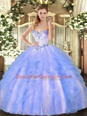 Customized Blue And White Lace Up Sweet 16 Quinceanera Dress Beading and Ruffles Sleeveless Floor Length