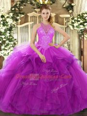 Fuchsia Lace Up High-neck Beading and Ruffles Quinceanera Dresses Organza Sleeveless