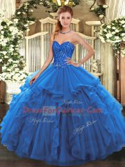 Stylish Blue Ball Gowns Tulle Sweetheart Sleeveless Beading and Ruffles Floor Length Lace Up 15 Quinceanera Dress