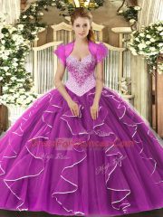 Shining Floor Length Lace Up Ball Gown Prom Dress Fuchsia for Military Ball and Sweet 16 and Quinceanera with Beading