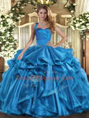 Baby Blue Halter Top Lace Up Ruffles Quince Ball Gowns Sleeveless