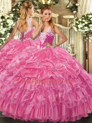 On Sale Sleeveless Floor Length Beading and Ruffled Layers and Pick Ups Lace Up 15th Birthday Dress with Rose Pink