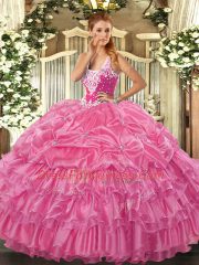 On Sale Sleeveless Floor Length Beading and Ruffled Layers and Pick Ups Lace Up 15th Birthday Dress with Rose Pink