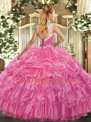 On Sale Sleeveless Floor Length Beading and Ruffled Layers and Pick Ups Lace Up 15th Birthday Dress with Rose Pink