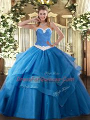 Baby Blue Ball Gowns Sweetheart Sleeveless Tulle Floor Length Lace Up Appliques and Ruffled Layers Quinceanera Gowns